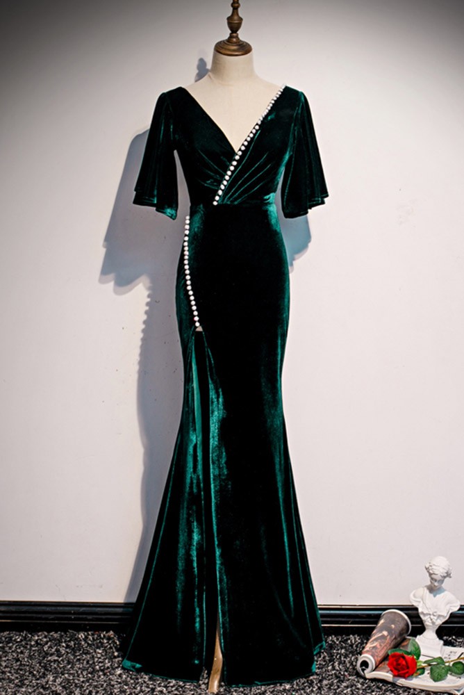 Dark Green V-Neck Evening Dress with Beadings & Lace Appliques main image 1