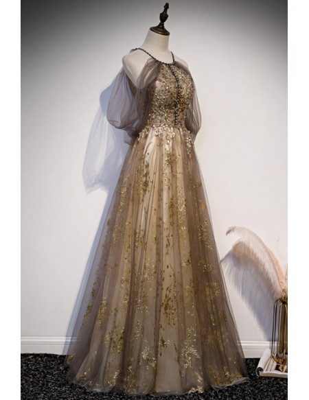 Gorgeous Bling Dusty Gold Prom Dress Long Halter