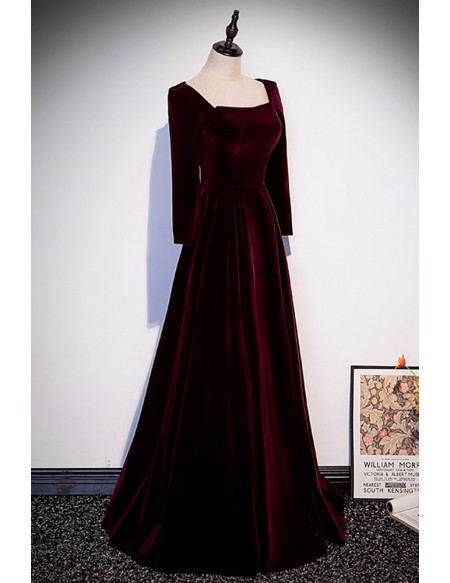 Simple Long Sleeved Velvet Long Formal Dress with Square Neckline # ...