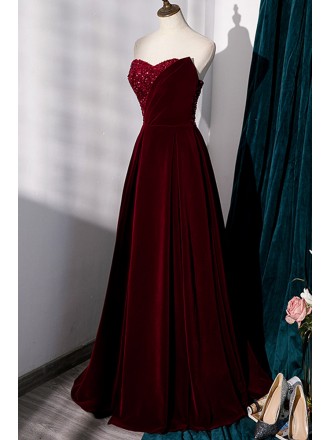 Strapless Burgundy Velvet And Sequins Evening Prom Dress