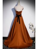 Brown Satin Strapless Elegant Ruffled Prom Dress
