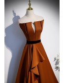 Brown Satin Strapless Elegant Ruffled Prom Dress