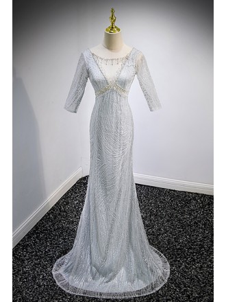 Sparkly Silver Sequined Mermaid Evening Dress with Sleeves