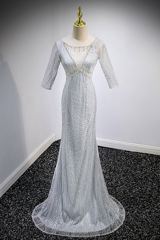 Silver Mermaid Luxury Beaded Evening Dress Gown Full Sleeves LA71036 (On Sale, No Return, No Refund)