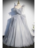 Unique Puffy Ballgown Grey Prom Dress with Ruffles