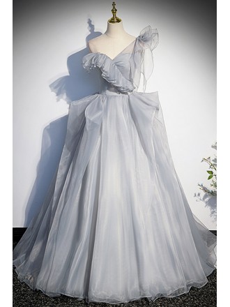 Unique Puffy Ballgown Grey Prom Dress with Ruffles