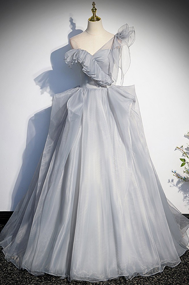 Grey Ruffle Evening Gown