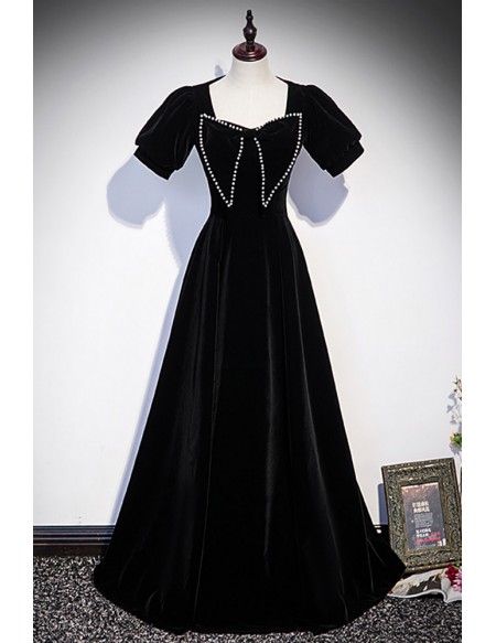 Formal Long Black Velvet Prom Dress with Beaded Bow Knot