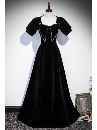Formal Long Black Velvet Prom Dress with Beaded Bow Knot