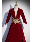 Elegant Long Velvet Burgundy Evening Dress with Gold Jewelred Pattern