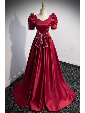 Elegant Burgundy Satin Evening Prom Dress with Jewelry Bow Knot