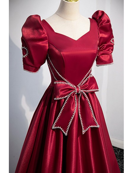 Elegant Burgundy Satin Evening Prom Dress with Jewelry Bow Knot