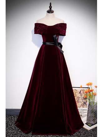 Elegant Burgundy Long Velvet Formal Dress Off Shoulder with Sash