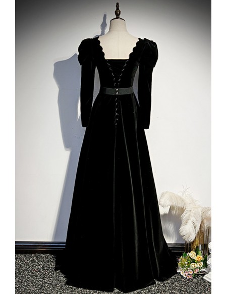 Long Black Velvet Formal Dress with Long Sleeves