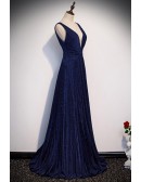 Navy Blue Pleated Deep Vneck Metallic Prom Dress