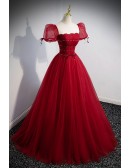 Flowy Burgundy Tulle Long Prom Dress with Square Neckline