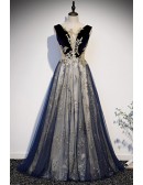 Blue Tulle And Gold Sequins Long Prom Dress Sleeveless