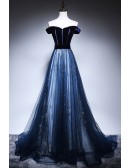 Navy Blue Velvet And Tulle Prom Dress with Stars