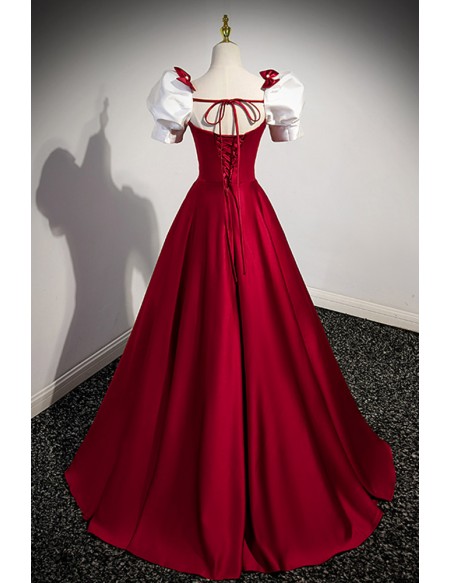 Elegant Burgundy Satin Evening Prom Dress with Square Neck