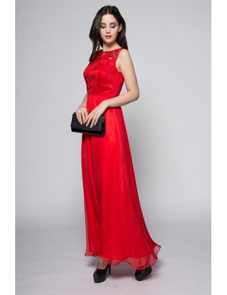 Red Lace Top Chiffon Long Dress