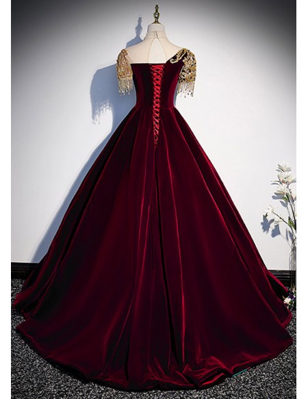 Burgundy Ballgown Velvet Formal Dress with Embroidered Sequins