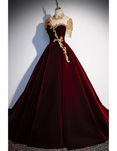Burgundy Ballgown Velvet Formal Dress with Embroidered Sequins