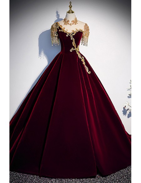 Burgundy Ballgown Velvet Formal Dress with Embroidered Sequins