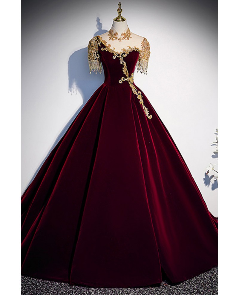 Burgundy Ballgown Velvet Formal Dress with Embroidered Sequins #L78145 ...