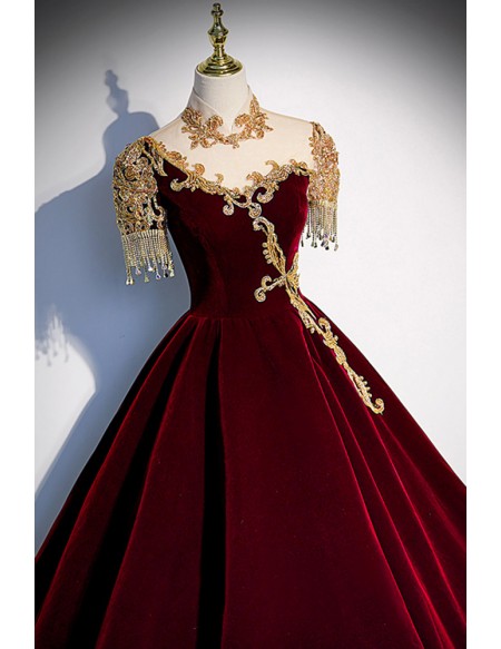 Burgundy Ballgown Velvet Formal Dress with Embroidered Sequins