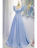 Blue Long Satin Gorgeous Prom Dress with Bubble Sleeves