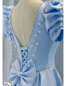 Blue Long Satin Gorgeous Prom Dress with Bubble Sleeves