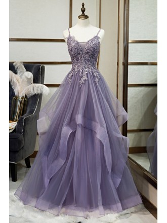 Beautiful Purple Ruffled Prom Dress with Appliques