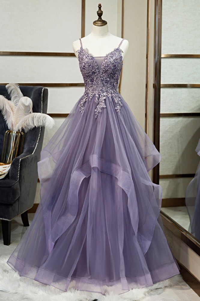 Beautiful Purple Ruffled Prom Dress with Appliques #L78284 - GemGrace.com