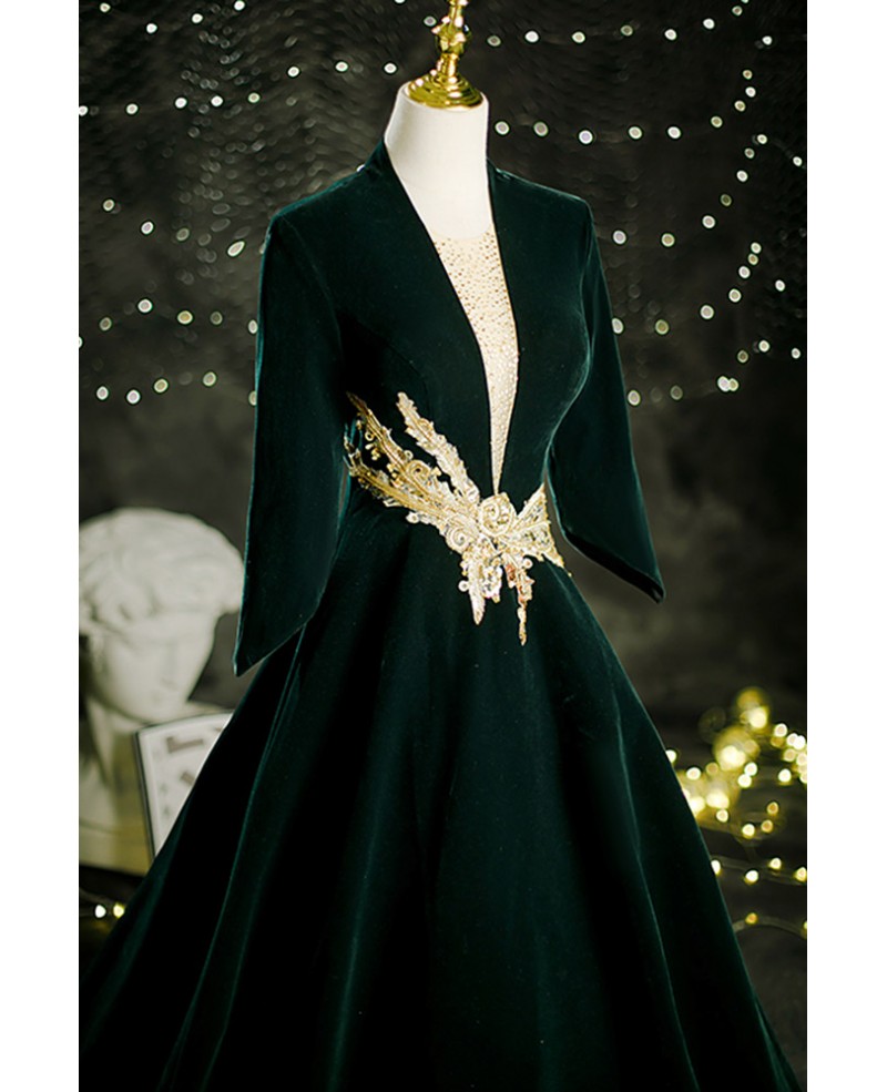 Dark Green Long Velvet Formal Evening Dress with Gold Embroidery Pattern  #L78184 - GemGrace.com