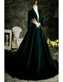 Dark Green Long Velvet Formal Evening Dress with Gold Embroidery Pattern