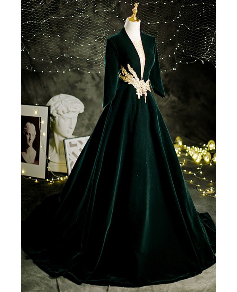 Dark Green Long Velvet Formal Evening Dress with Gold Embroidery ...