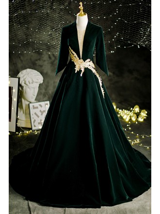 Dark Green Long Velvet Formal Evening Dress with Gold Embroidery Pattern