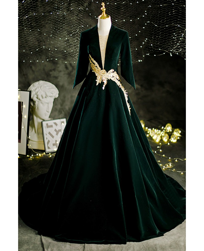 Dark Green Long Velvet Formal Evening Dress with Gold Embroidery ...
