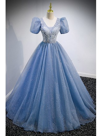Dreamy Blue Bling Tulle Ballgown Prom Dress Vneck with Bubble Sleeves