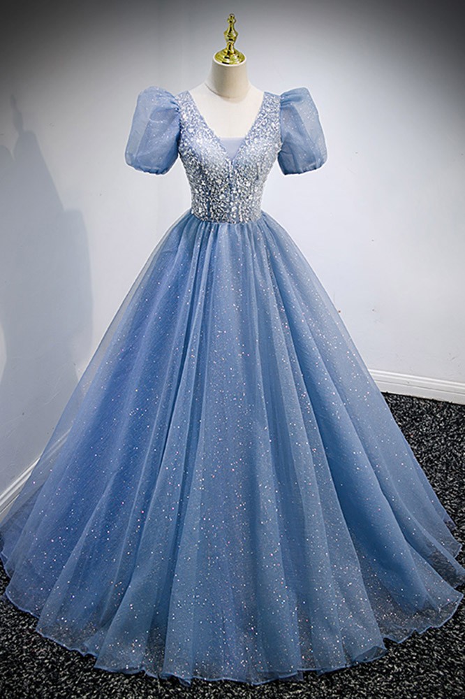 Dreamy Blue Bling Tulle Ballgown Prom Dress Vneck with Bubble Sleeves # ...