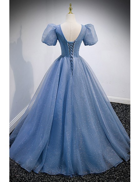 Dreamy Blue Bling Tulle Ballgown Prom Dress Vneck with Bubble Sleeves