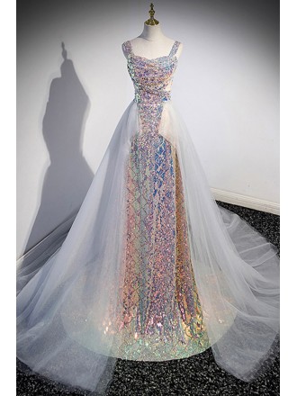 Sparkly Sequined Long Prom Dress with Removable Train