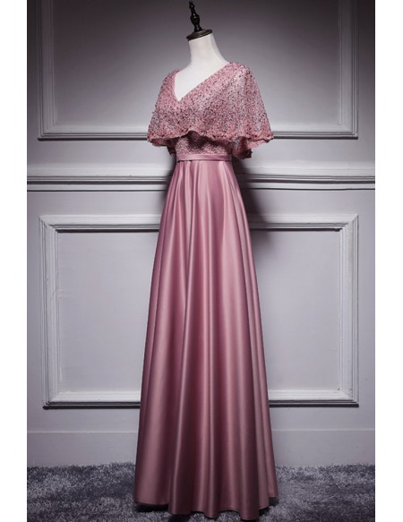 Elegant Long Pink Satin Formal Dress Beaded Cape Style