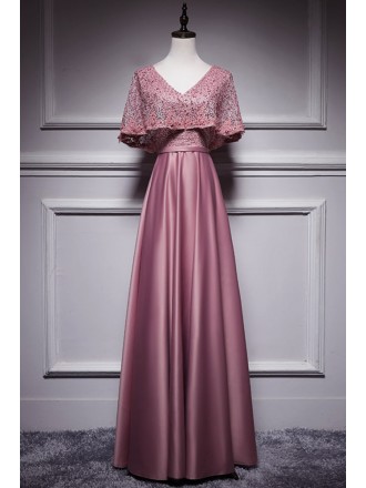 Elegant Long Pink Satin Formal Dress Beaded Cape Style
