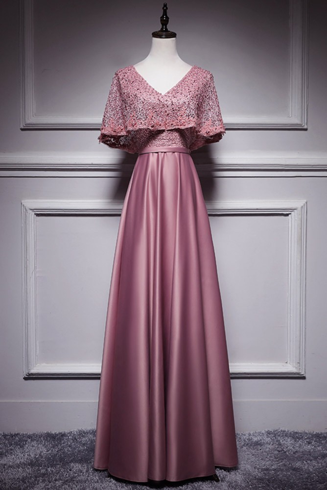 Elegant Pink Satin Beaded Evening Dress Formal Prom Dress With Gloves cc1660
