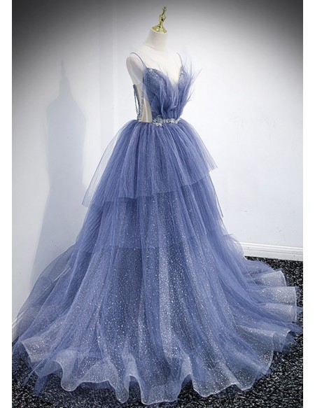Stunning Ballgown Ruffled Tulle Long Prom Dress with Train #L78194 ...