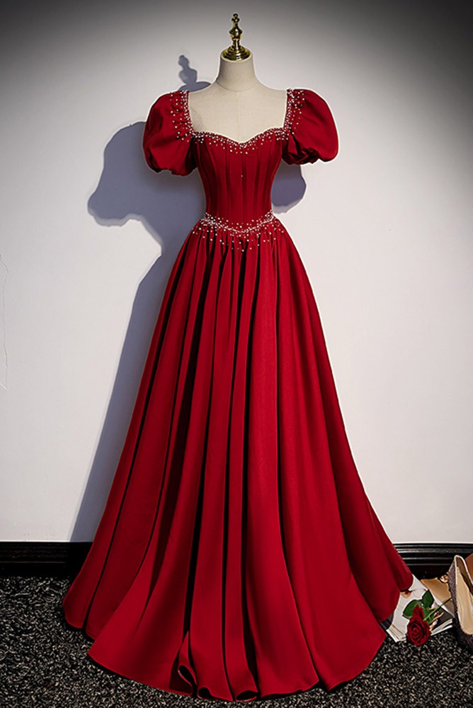 Charming Scoop Neck Beaded Lace Ruched Satin Side Split Prom Dress