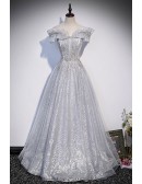 Bling Off Shoulder Silver Prom Dress with Beadings