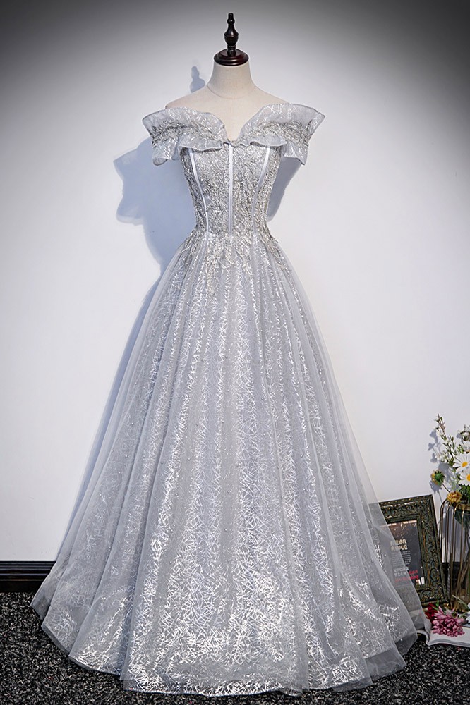 19642 Silver Off-Shoulder Shimmer Dress