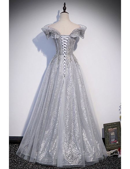 Bling Off Shoulder Silver Prom Dress with Beadings